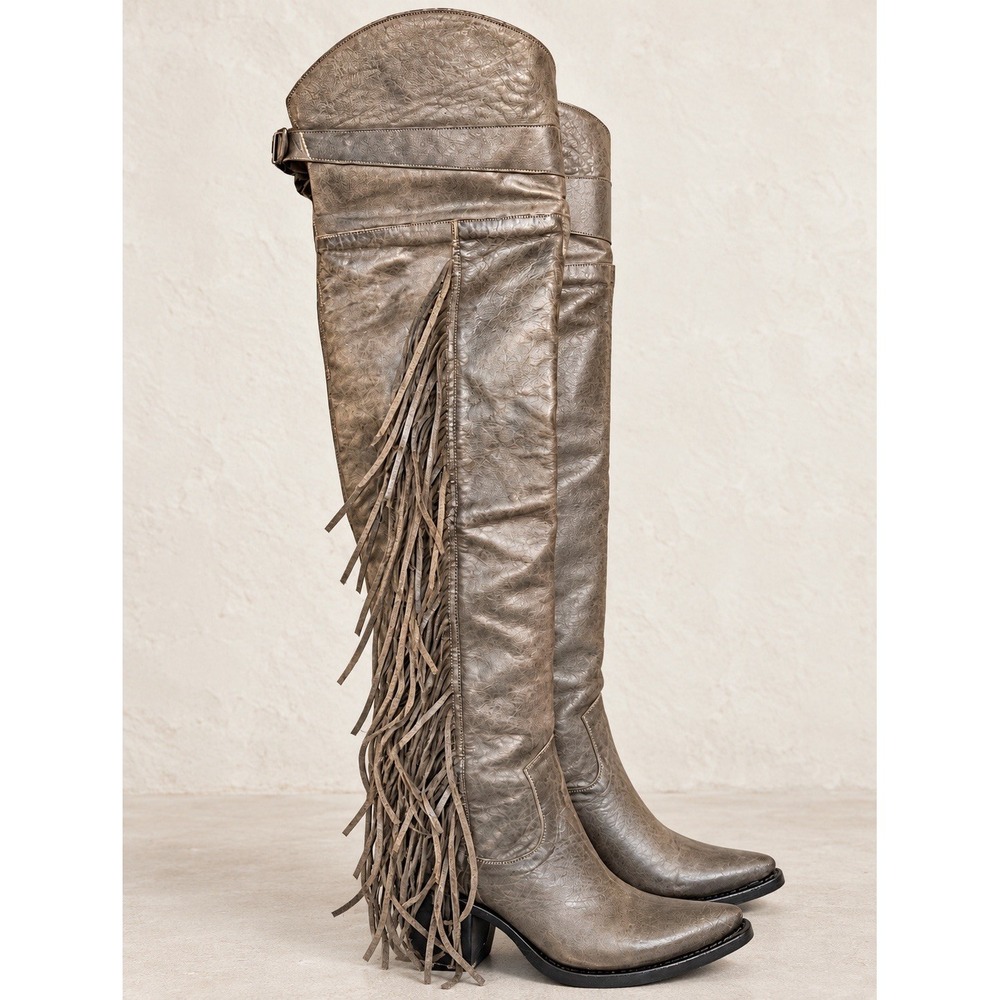 ASH Tall Fringe Leather Boots Gray Taupe Women's EU 36.5 US 6.5 New